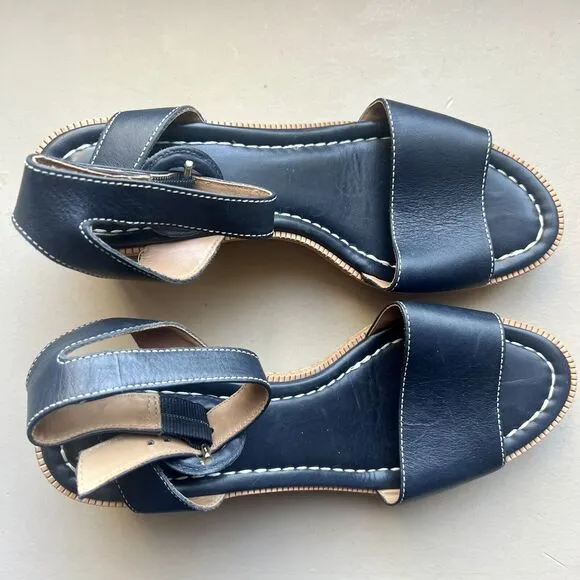 Bernardo Anthropologie Navy Blue Leather Cork Wedge Sandals Ankle Strap Women 9