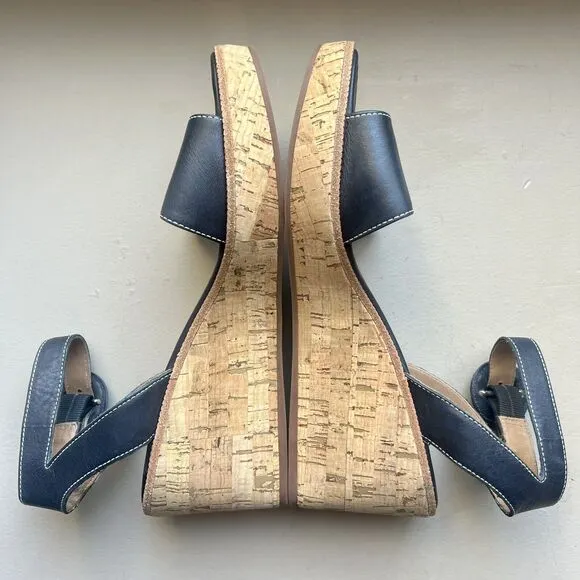 Bernardo Anthropologie Navy Blue Leather Cork Wedge Sandals Ankle Strap Women 9