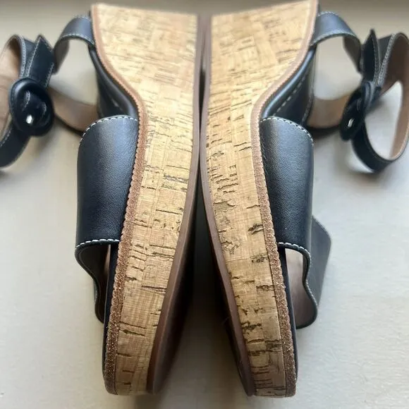 Bernardo Anthropologie Navy Blue Leather Cork Wedge Sandals Ankle Strap Women 9