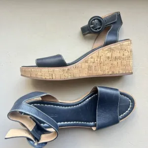 Bernardo Anthropologie Navy Blue Leather Cork Wedge Sandals Ankle Strap Women 9