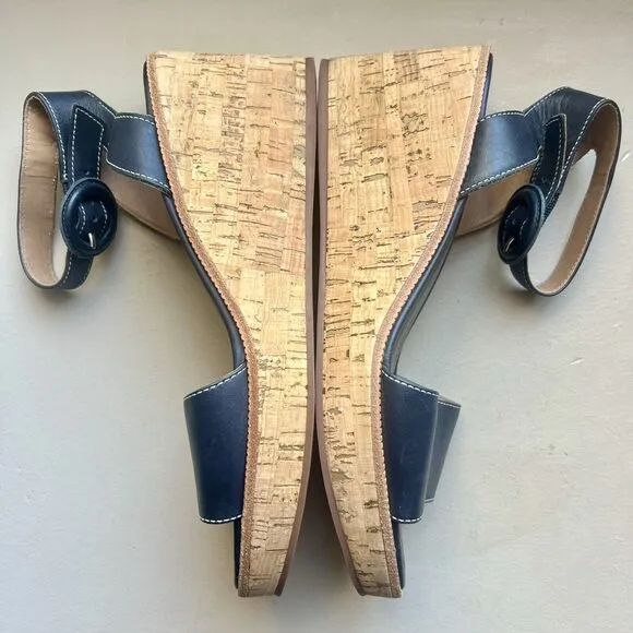 Bernardo Anthropologie Navy Blue Leather Cork Wedge Sandals Ankle Strap Women 9