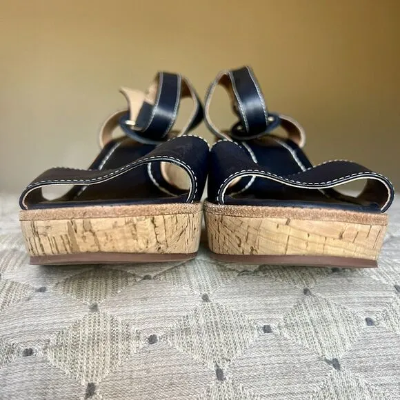 Bernardo Anthropologie Navy Blue Leather Cork Wedge Sandals Ankle Strap Women 9