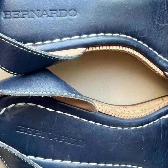 Bernardo Anthropologie Navy Blue Leather Cork Wedge Sandals Ankle Strap Women 9