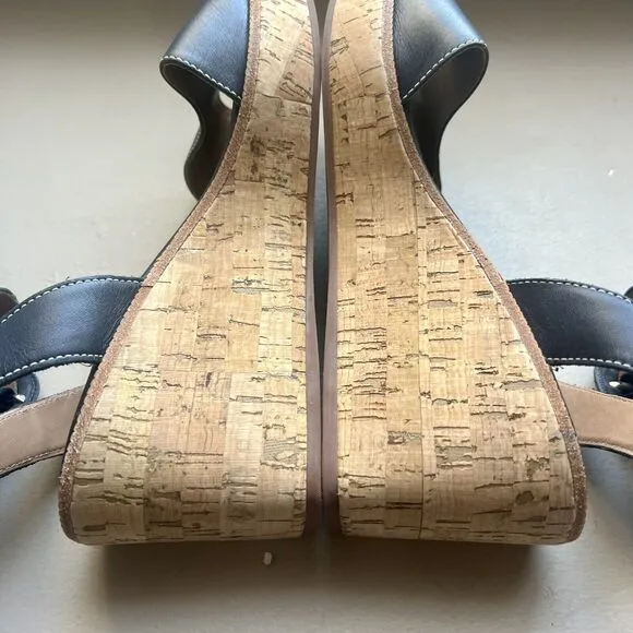 Bernardo Anthropologie Navy Blue Leather Cork Wedge Sandals Ankle Strap Women 9