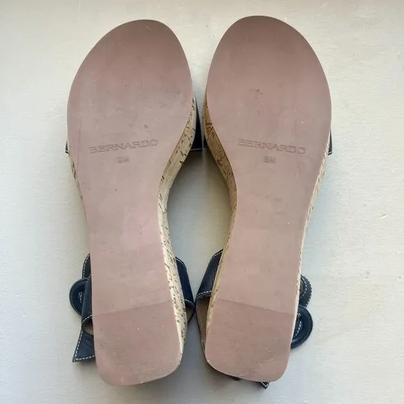 Bernardo Anthropologie Navy Blue Leather Cork Wedge Sandals Ankle Strap Women 9