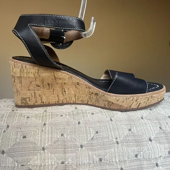 Bernardo Anthropologie Navy Blue Leather Cork Wedge Sandals Ankle Strap Women 9