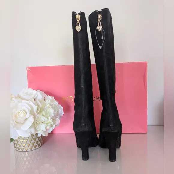 Betsey Johnson | Size 7.5 | Black Knee-High Suede Leather Boots, Rhinestone Rose