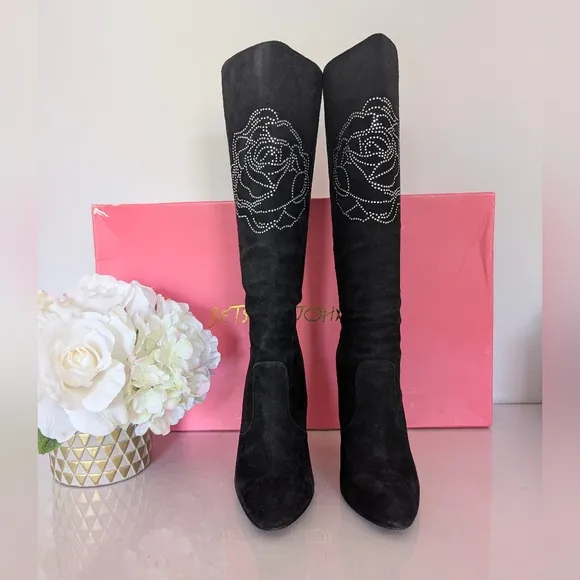 Betsey Johnson | Size 7.5 | Black Knee-High Suede Leather Boots, Rhinestone Rose