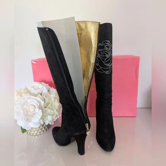 Betsey Johnson | Size 7.5 | Black Knee-High Suede Leather Boots, Rhinestone Rose