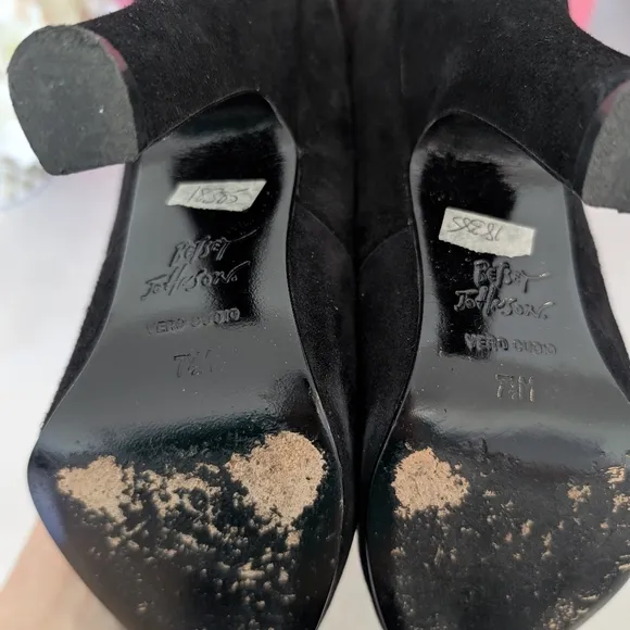 Betsey Johnson | Size 7.5 | Black Knee-High Suede Leather Boots, Rhinestone Rose