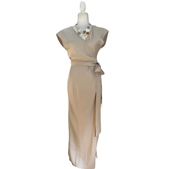BHLDN Louisa Satin Charmeuse Champagne Wrap Front Surplice Midi Dress