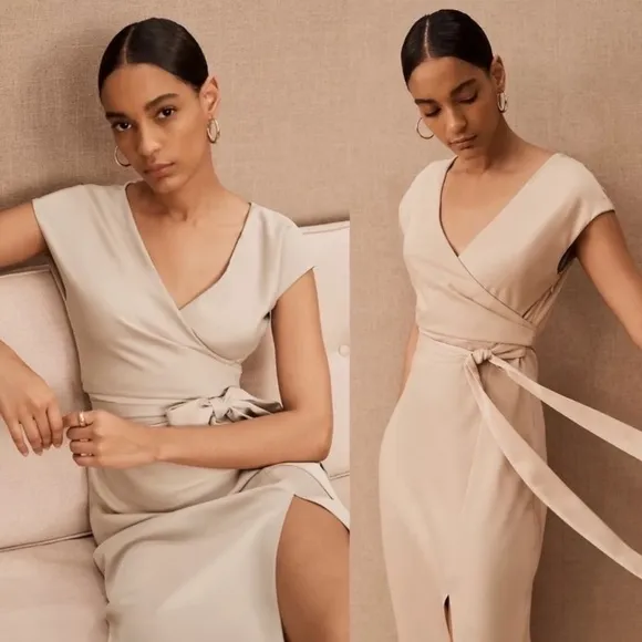 BHLDN Louisa Satin Charmeuse Champagne Wrap Front Surplice Midi Dress