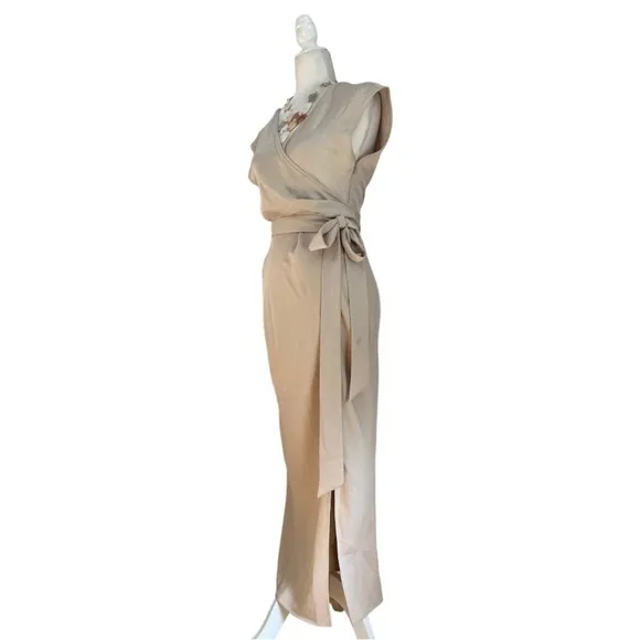BHLDN Louisa Satin Charmeuse Champagne Wrap Front Surplice Midi Dress