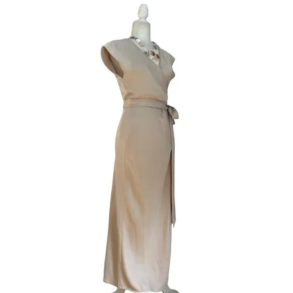 BHLDN Louisa Satin Charmeuse Champagne Wrap Front Surplice Midi Dress