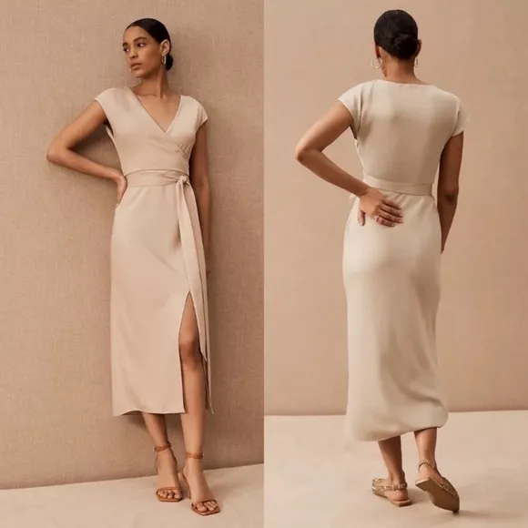 BHLDN Louisa Satin Charmeuse Champagne Wrap Front Surplice Midi Dress