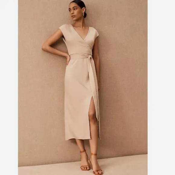 BHLDN Louisa Satin Charmeuse Champagne Wrap Front Surplice Midi Dress