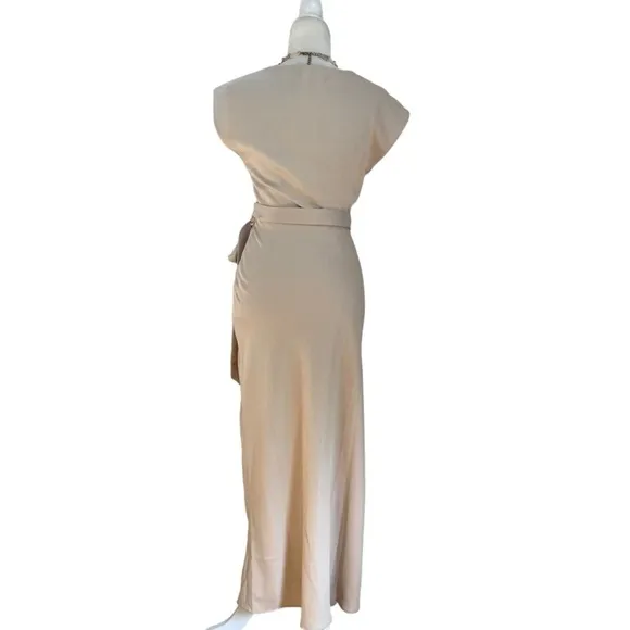 BHLDN Louisa Satin Charmeuse Champagne Wrap Front Surplice Midi Dress