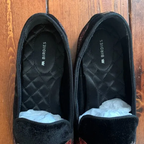 Birdies Starling Slip On Flats in Night Flora Velvet Black Size 9