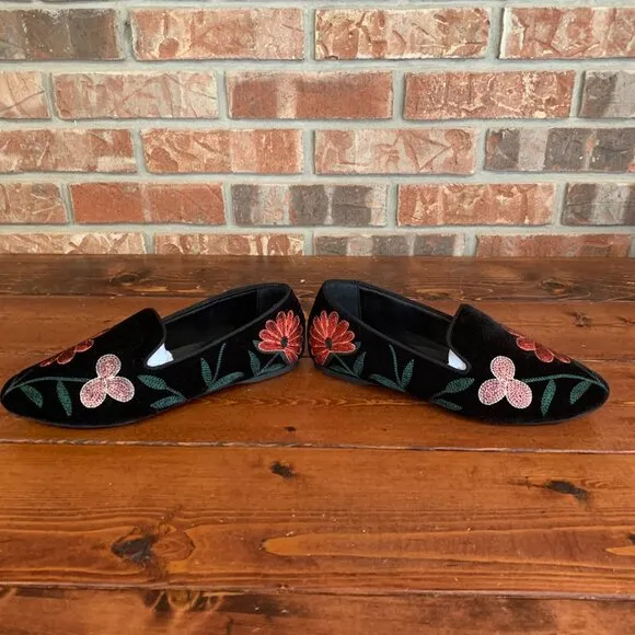 Birdies Starling Slip On Flats in Night Flora Velvet Black Size 9