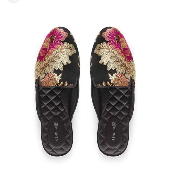 BIRDIES Women's Phoebie Slip On Mule Shoe In Black Floral Size 6