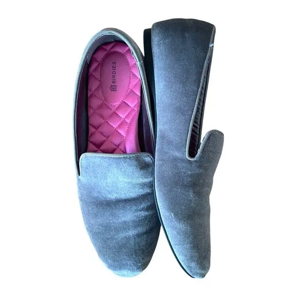 BIRDIES Women's Starling Velvet Flat Loafers in Stone Silver, Size 10