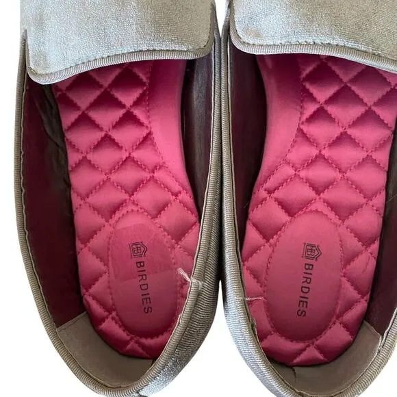 BIRDIES Women's Starling Velvet Flat Loafers in Stone Silver, Size 10