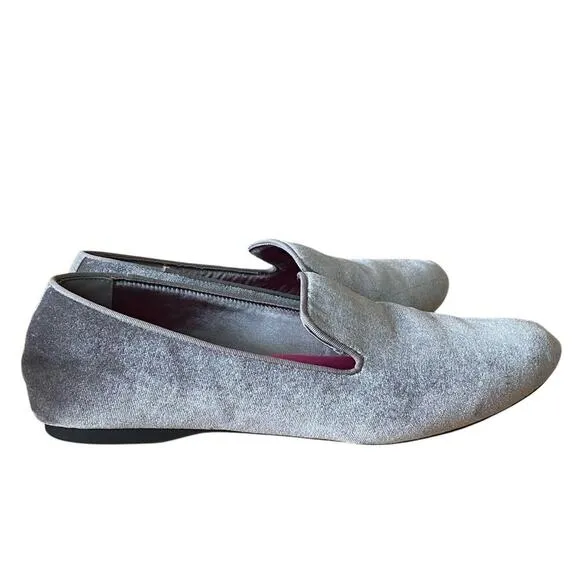 BIRDIES Women's Starling Velvet Flat Loafers in Stone Silver, Size 10