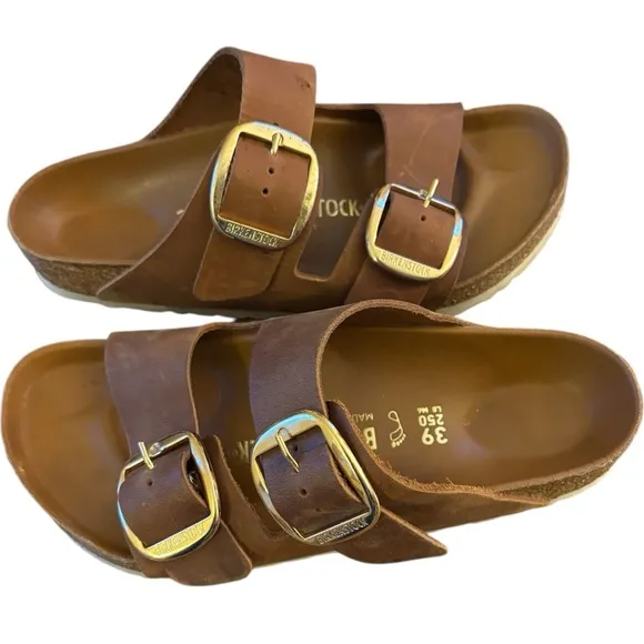 BIRKENSTOCK Arizona Leather Dual-Buckle Slide Sandals in Cognac (39)