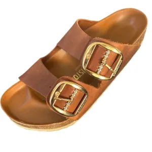 BIRKENSTOCK Arizona Leather Dual-Buckle Slide Sandals in Cognac (39)