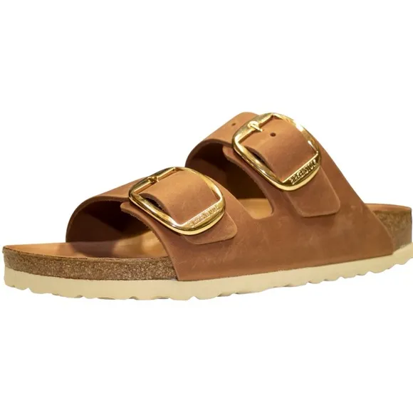 BIRKENSTOCK Arizona Leather Dual-Buckle Slide Sandals in Cognac (39)