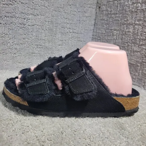 Birkenstock Arizona Shearling Size 39 L8 M6 N Black Suede Double Strap Sandals