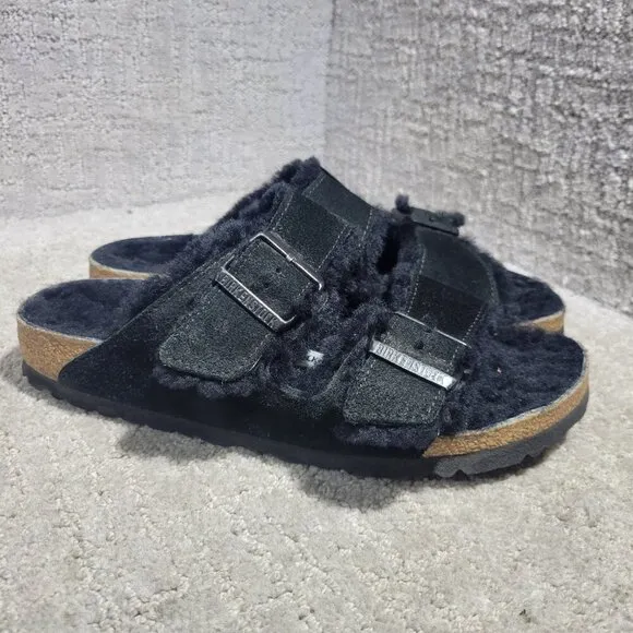Birkenstock Arizona Shearling Size 39 L8 M6 N Black Suede Double Strap Sandals