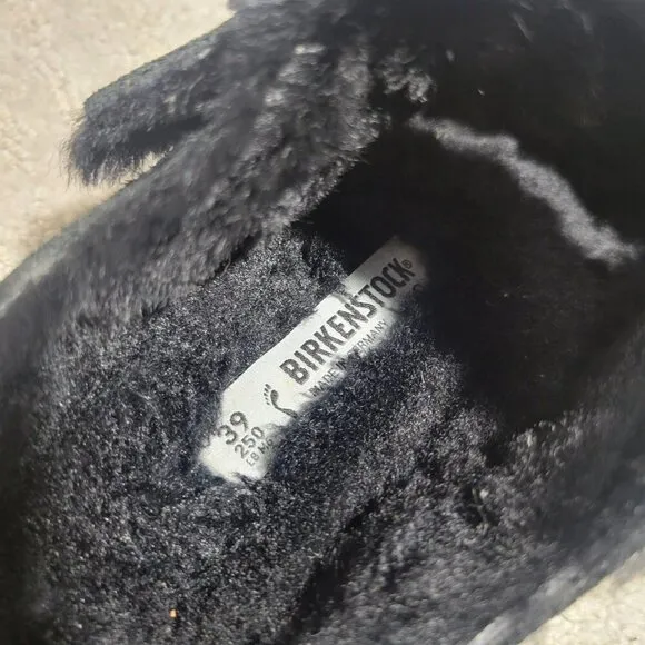 Birkenstock Arizona Shearling Size 39 L8 M6 N Black Suede Double Strap Sandals
