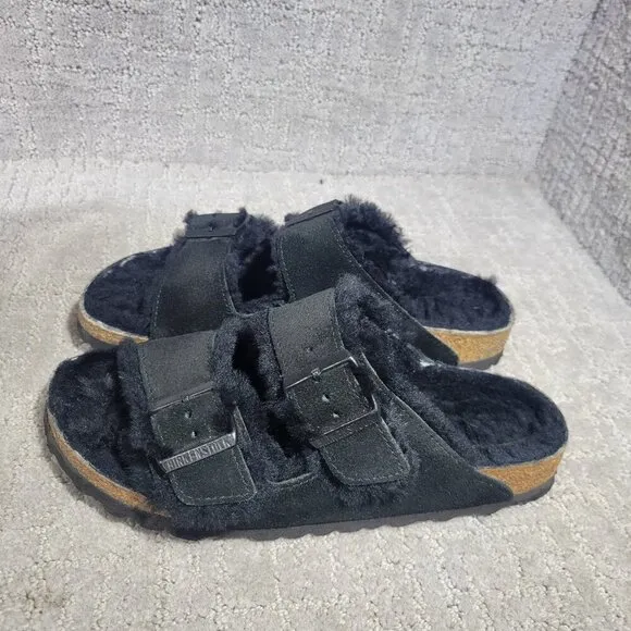 Birkenstock Arizona Shearling Size 39 L8 M6 N Black Suede Double Strap Sandals