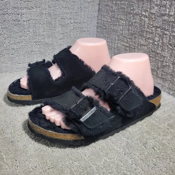 Birkenstock Arizona Shearling Size 39 L8 M6 N Black Suede Double Strap Sandals