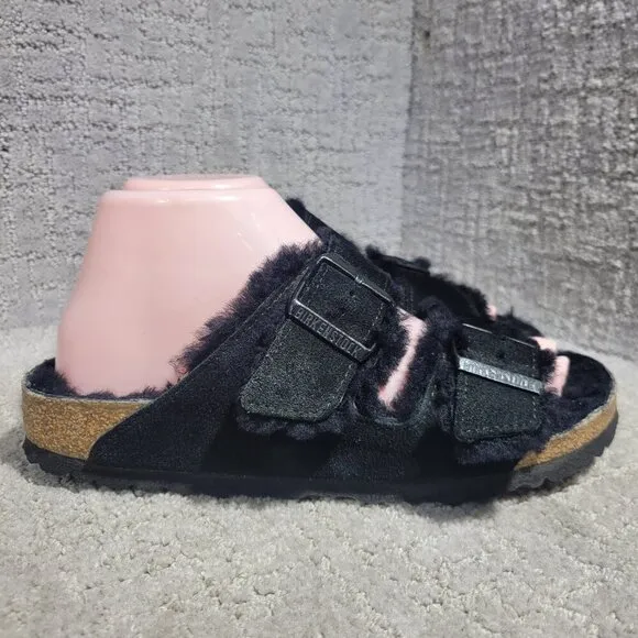 Birkenstock Arizona Shearling Size 39 L8 M6 N Black Suede Double Strap Sandals