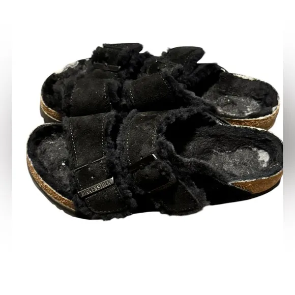 Birkenstock Arizona Two Strap Black Buckle Shearling Sandals Size 37
