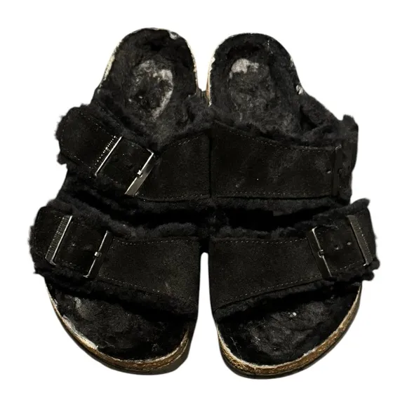 Birkenstock Arizona Two Strap Black Buckle Shearling Sandals Size 37