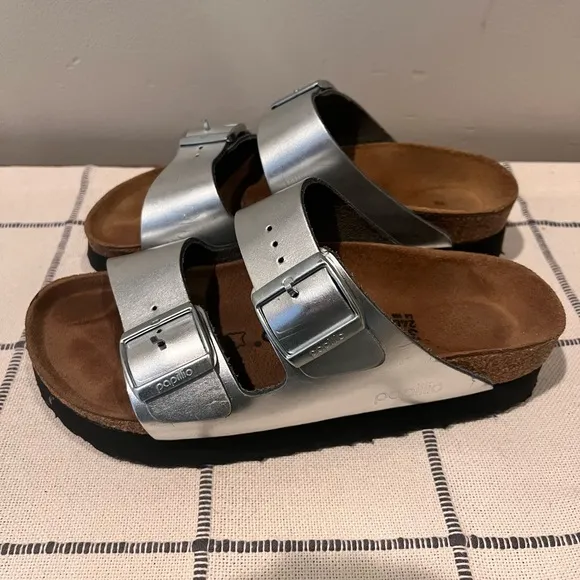 Birkenstock Sandals Ladies Size 37 (6-6.5) Silver Adjust Strap Spring Summer EUC