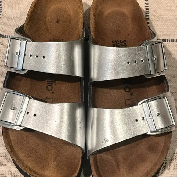 Birkenstock Sandals Ladies Size 37 (6-6.5) Silver Adjust Strap Spring Summer EUC