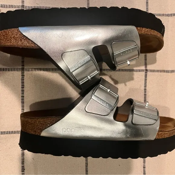 Birkenstock Sandals Ladies Size 37 (6-6.5) Silver Adjust Strap Spring Summer EUC
