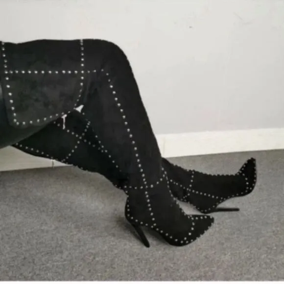 Black Faux Suede Studded Knee High Boots Size 36