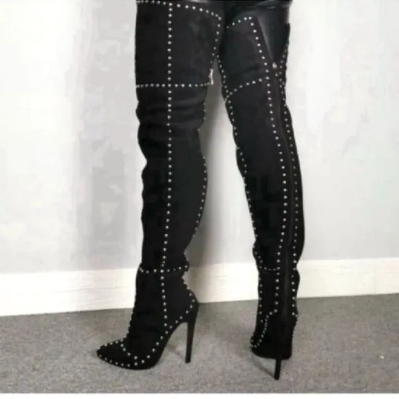 Black Faux Suede Studded Knee High Boots Size 36