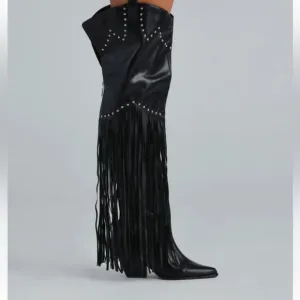 Black Fringe Knee-High Boots
