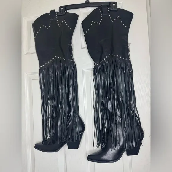 Black Fringe Knee-High Boots