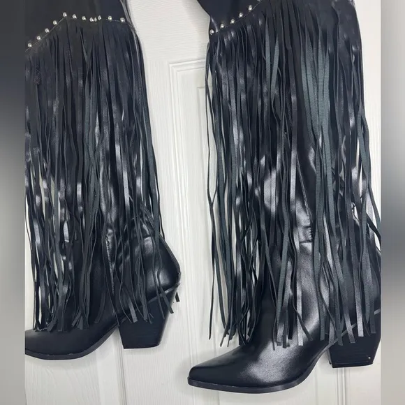 Black Fringe Knee-High Boots