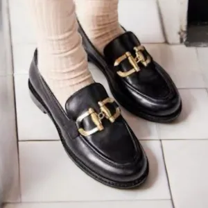 Black Leather Loafers with Gold Accent (90)