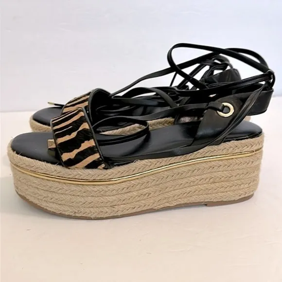 Bleecker &amp; Bond Odette Tiger Calf Hair Espadrille Wedge Sandals 6 New