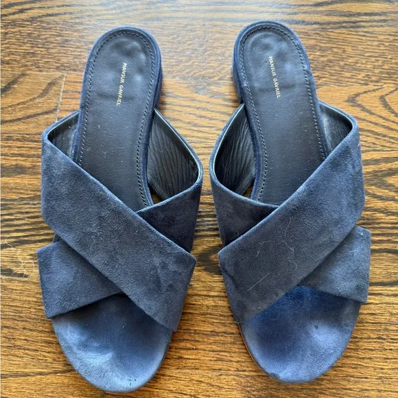 BLUE MANSUR GAVRIEL SUEDE SLIDES, SIZE 11
