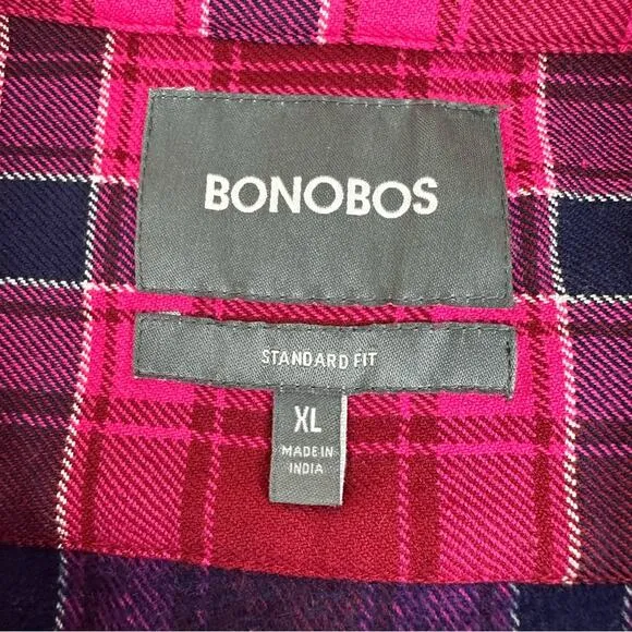 BONOBOS Mens Sz XL Standard Fit Pink  Blue Plaid Long Sleeve Button-Up Shirt
